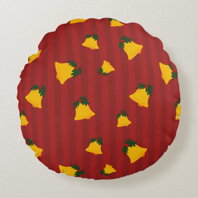 Almofada Redonda Holiday Red Gold Stripe Bells Christmas (Frente)