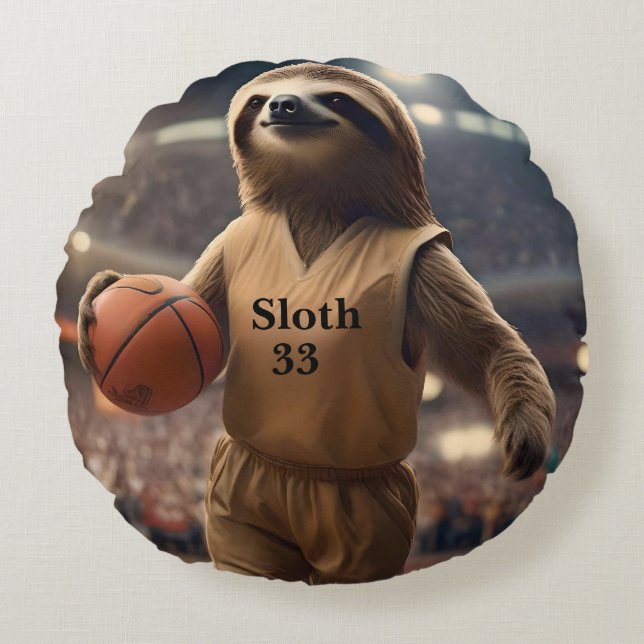 Almofada Redonda Hoops and Hangs: The Slam Dunking Sloth, (Frente)