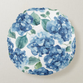 Almofada Redonda Hortênsia Blues | Padrão de Flor de Blooms em Aqua