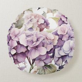 Almofada Redonda Hortênsias em aquarela rosa roxo elegante
