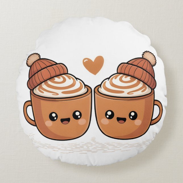 Almofada Redonda Hot Cocoa Couple Pillow – Cute Cozy Winter Décor (Frente)