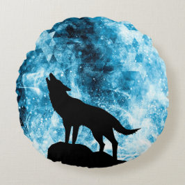 Almofada Redonda Howling Wolf Winter snowblue smoAbstrato