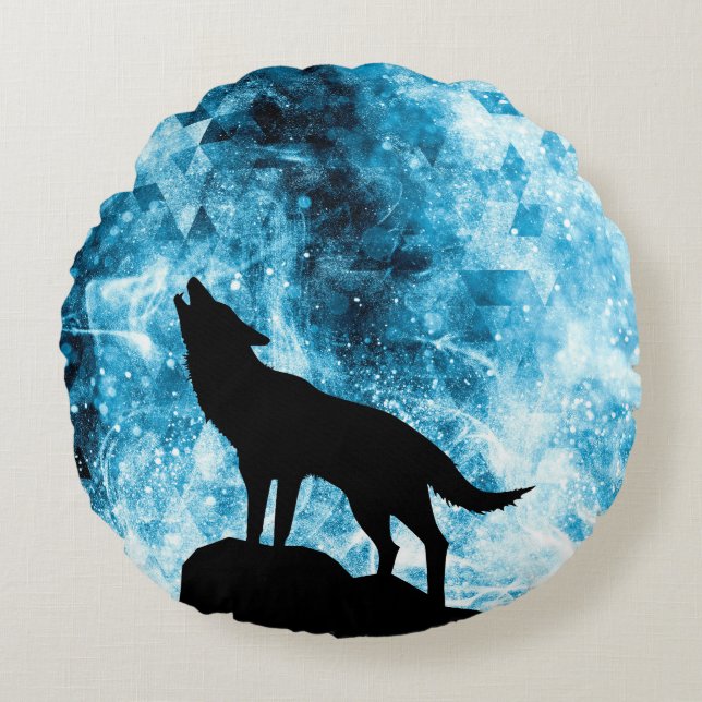 Almofada Redonda Howling Wolf Winter snowblue smoAbstrato (Frente)