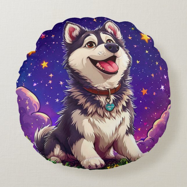 Almofada Redonda Husky Alegre Contra o Céu Estrelado (Frente)
