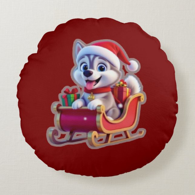 Almofada Redonda Husky Riding Santa’s Sleigh – Cute 3D Christmas Ca (Frente)
