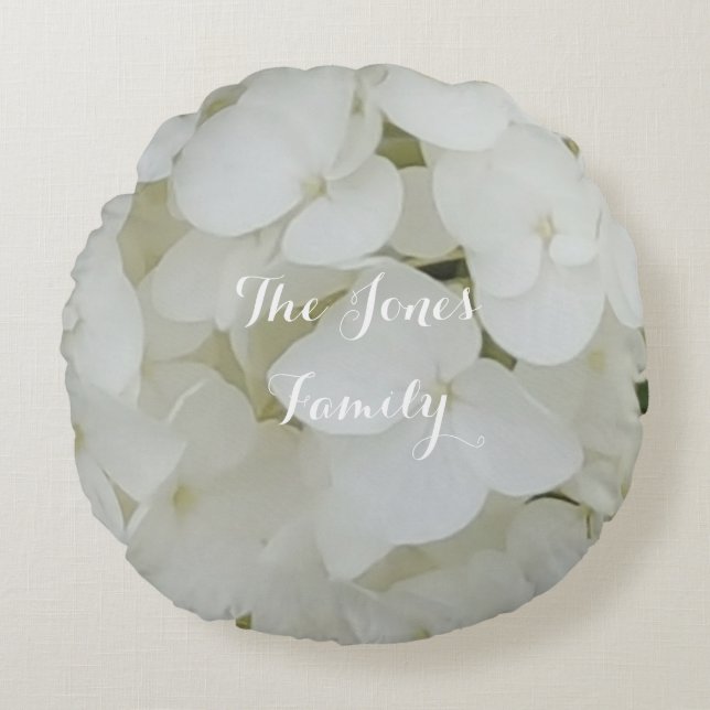 Almofada Redonda Hydrangea Flowers Floral White Blossom (Frente)