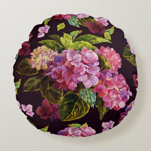 Almofada Redonda Hydrangea, padrão floral escuro e perfeito. (Frente)