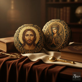 Almofada Redonda Ícone Bizantino de Cristo - Jesus