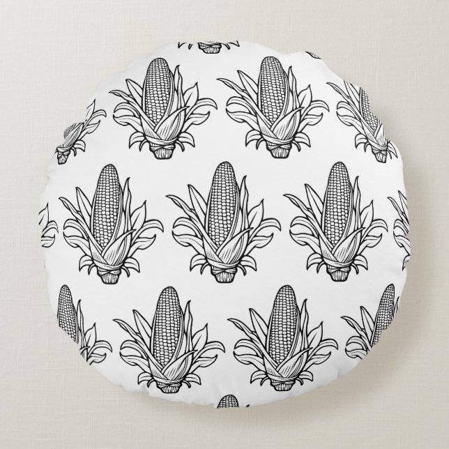 Almofada Redonda Ícone do milho doce preto e branco (Frente)