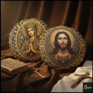 Almofada Redonda Ícone Sagrado Dourado - Jesus