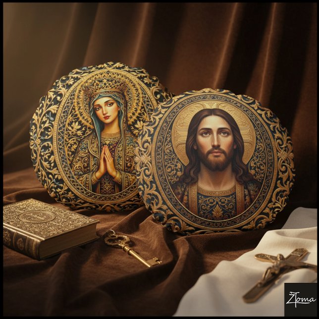 Almofada Redonda Ícone Sagrado Dourado - Jesus (Criador carregado)