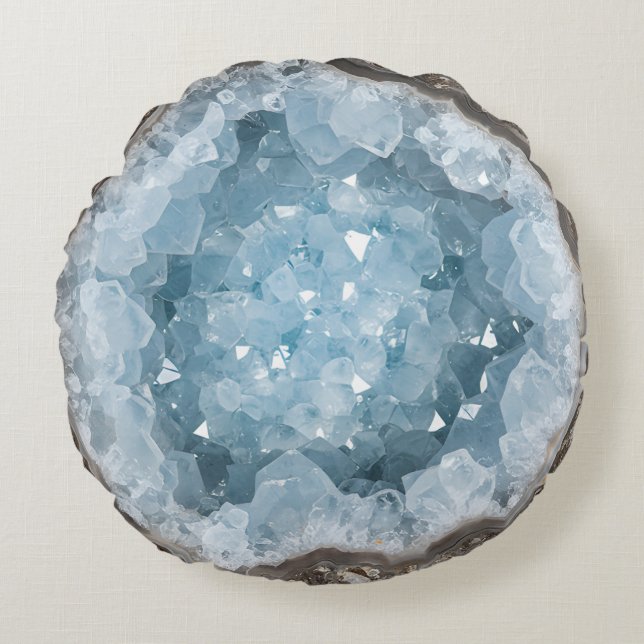 Almofada Redonda Icy Blue Celestite Crystal Geode Printed Gemstone  (Frente)