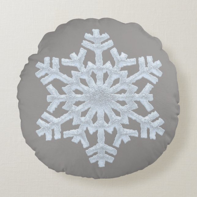 Almofada Redonda Icy White Frozen Snowflake Cinza Elegante de Natal (Frente)
