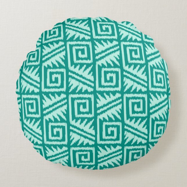 Almofada Redonda Ikat Aztec Tribal - Turquesa e Aqua (Frente)