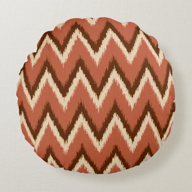Almofada Redonda Ikat Chevron Stripes - Ferrugem, castanha e bege (Frente)
