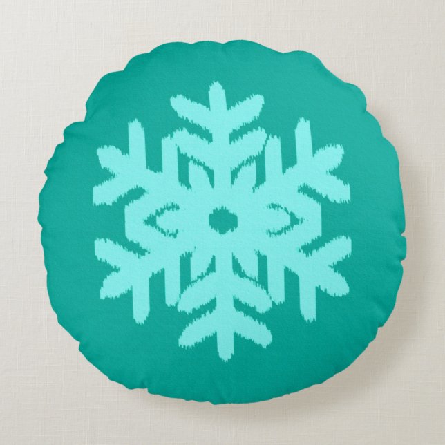 Almofada Redonda Ikat Snowflake - Turquesa e aqua (Frente)