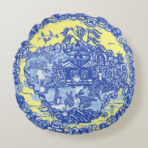 Almofada Redonda Ilha Blue Willow de Rabbits Whimsical Amarelo