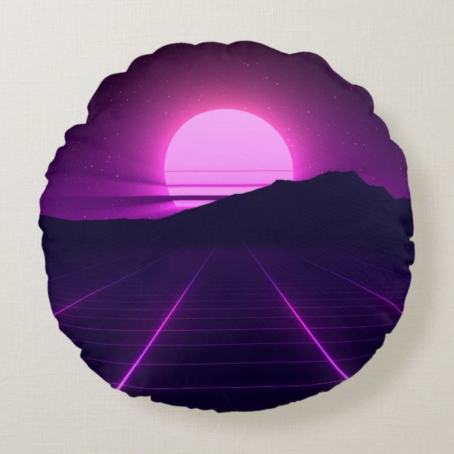 Almofada Redonda Ilusão de Fundo Retroativo 80s com elementos 3D (Frente)