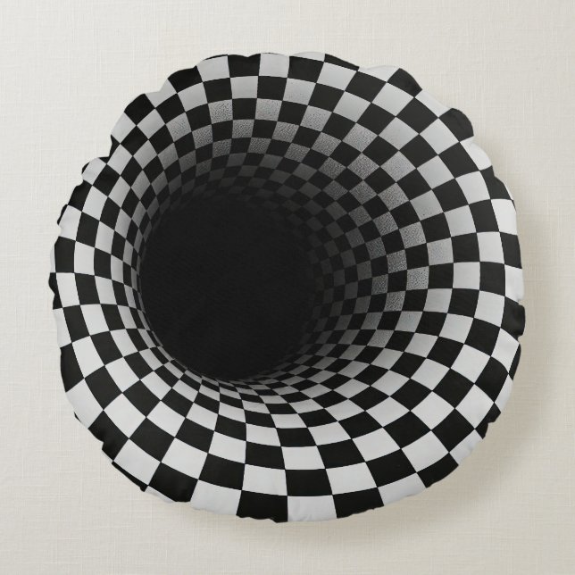 Almofada Redonda Ilusão Óptica de Túnel Preto e Branco (Frente)