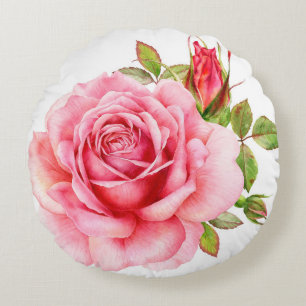 Almofada Redonda Ilustração aquosa de uma delicada rosa wi
