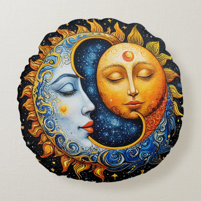 Almofada Redonda Ilustração Artística do Sol e da Lua (Frente)