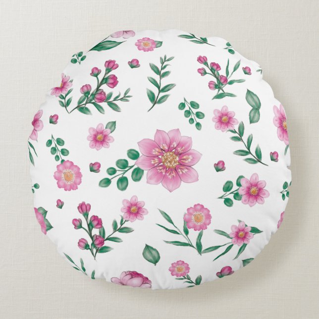 Almofada Redonda Ilustração bonito Floral Cor-de-Rosa-Rosa (Frente)