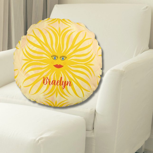 Almofada Redonda Ilustração Cheirosa Sol Amarelo Amarelo Sol (Happy Sunshine Sun Personalized Round Pillow)