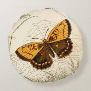 Almofada Redonda Ilustração da Borboleta Vintage, Dourada e casta