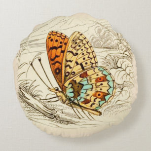 Almofada Redonda Ilustração da Borboleta Vintage, Laranja e bege