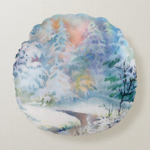 Almofada Redonda Ilustração da paisagem invernal em aquarela