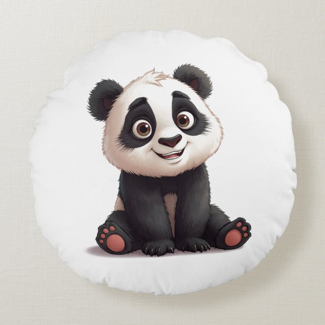 Almofada Redonda Ilustração de Arte de Panda Sentado em Cartoon (Frente)