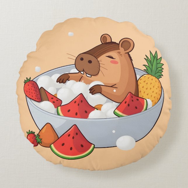 Almofada Redonda Ilustração de Capivara Fofa em um Spa de Frutas no (Frente)