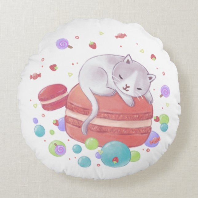 Almofada Redonda Ilustração de Cat & Sweets (Frente)