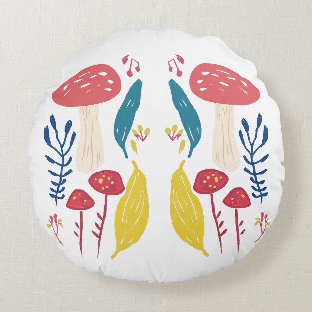 Almofada Redonda Ilustração de cogumelos (Frente)
