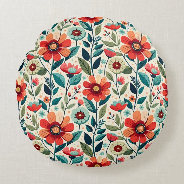 Almofada Redonda Ilustração de Flores Selvagens Azuis de Pêssego ch (Frente)