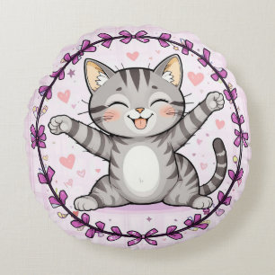 Almofada Redonda Ilustração de Gato de Desenho Animado Feliz