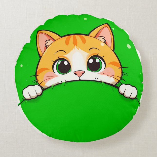 Almofada Redonda Ilustração de Gato Fofo (Frente)