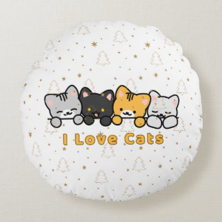 Almofada Redonda Ilustração de Gato Fofo Eu Amo Gatos Desenho Kawai