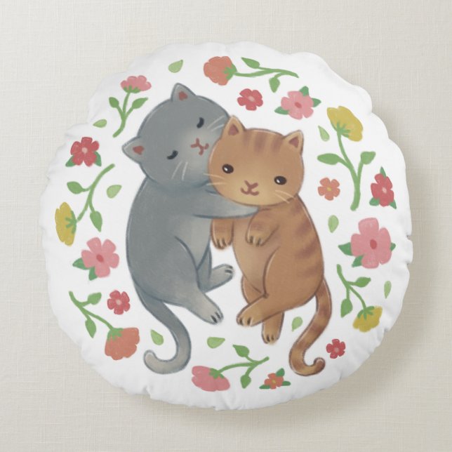 Almofada Redonda Ilustração de Gatos e Flores de primavera (Frente)