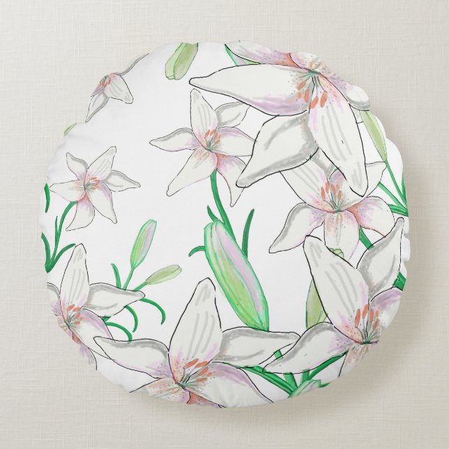 Almofada Redonda Ilustração de Lírio Branco (Frente)