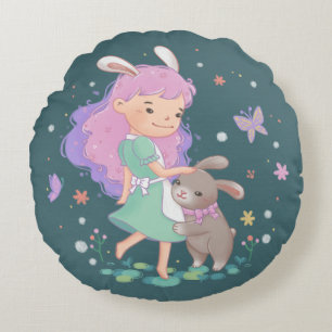 Almofada Redonda Ilustração de primavera Bunny Girl