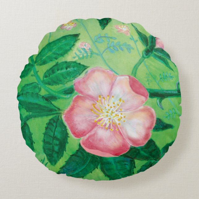 Almofada Redonda Ilustração de Rosa selvagem rosa (Frente)