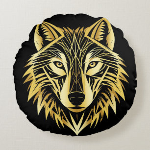 Almofada Redonda Ilustração Geométrica de Lobo Dourado