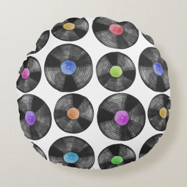 Almofada Redonda Ilustração Retroativa dos Registros de Vinil LP (Frente)