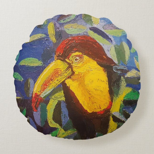 Almofada Redonda Imagen de mi obra arte Tucán (Frente)