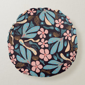 Almofada Redonda Impressão Azul Coral Azul Floral Escuro