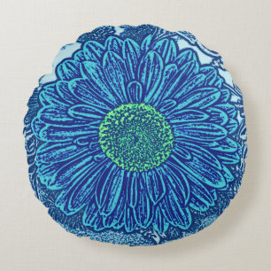 Almofada Redonda Impressão de Bloco de Margarida Gerbera, Azul Cerú