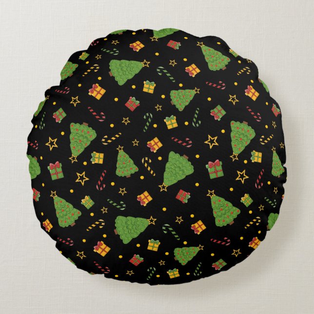 Almofada Redonda Impressão de Férias de Natal Festivas (Frente)