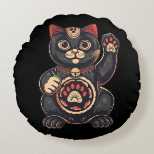 Almofada Redonda impressão de gato Maneki Neko desenhado para japon