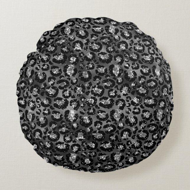 Almofada Redonda Impressão de Leopardo Preto e Cinza Prata (Frente)